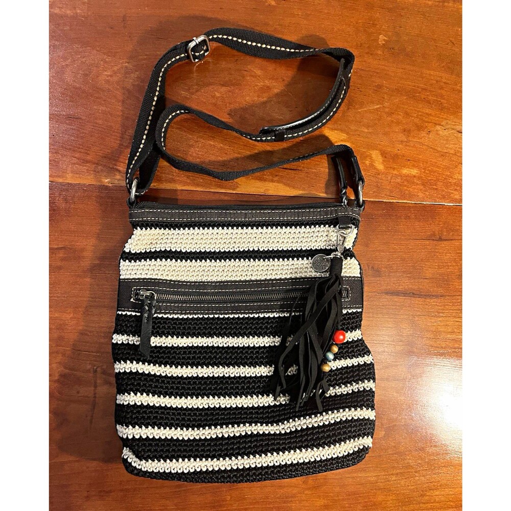 The Sak Black White Striped Crossbody Knit w Tassle Leather Adjustable Strap